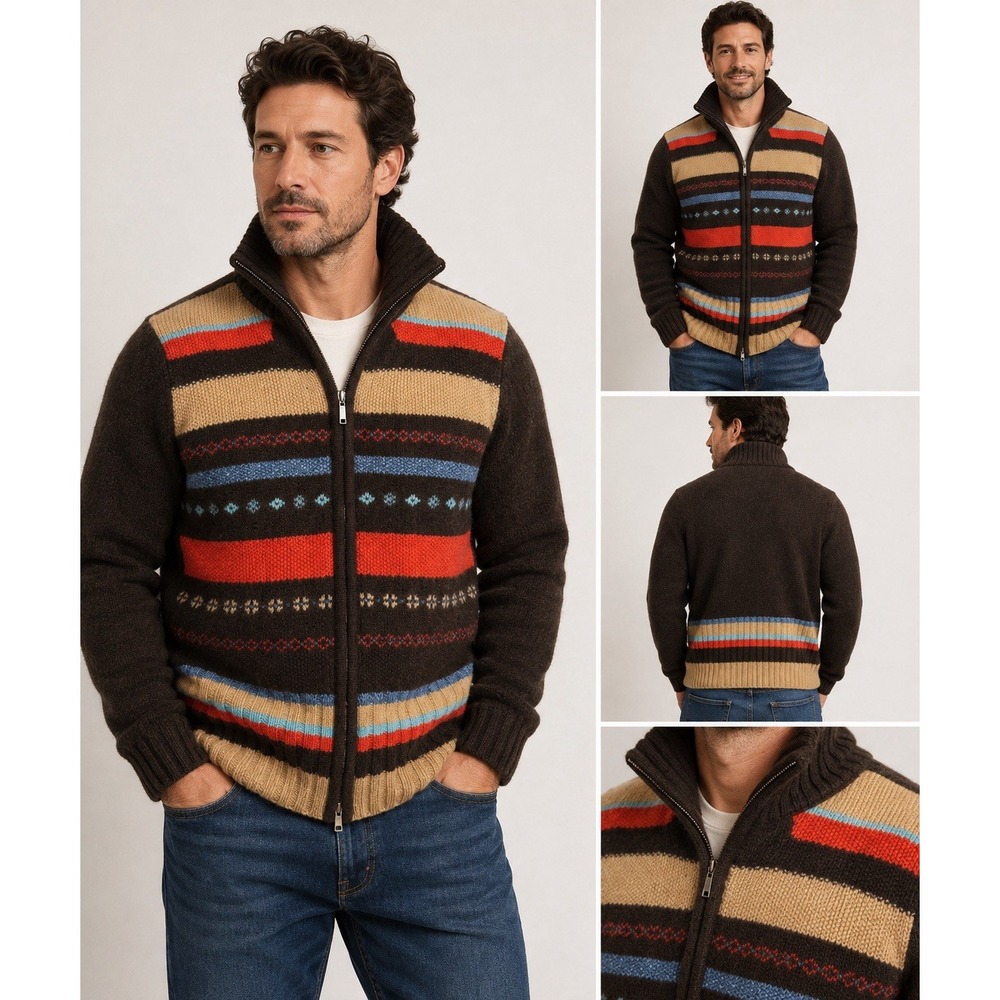 Crazy Horse Liz Claiborne Sweater Mens M 100% Lambswool Full Zip Fair Isle